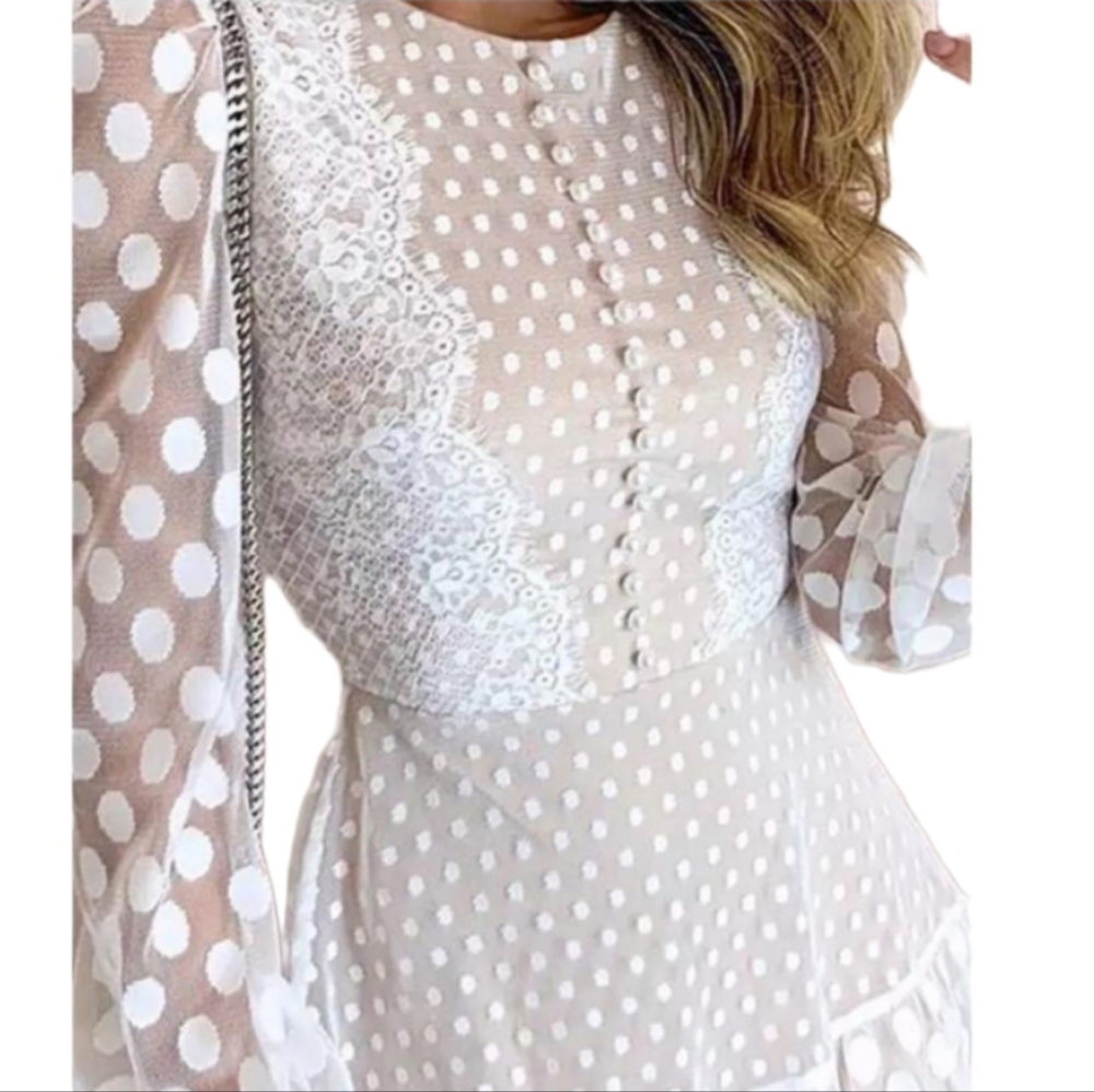 White lace mini dress polkadot Sze M embroided Long Sleeve party cocktail tiered - Picture 2 of 4